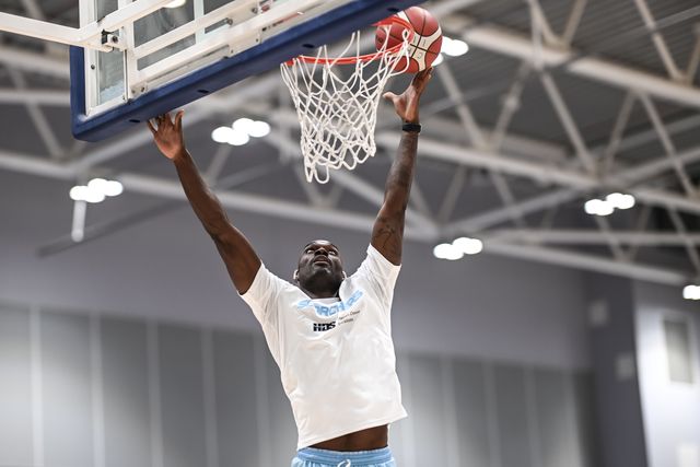 Tayo Ogedengbe of Surrey Scorchers during pre match warm ups ahead of the British Basketball Championship match Cheshire Phoenix vs Surrey Scorchers at Ellesmere Port Sports Village, Ellesmere Port, United Kingdom, 19th November 2023

(Photo by Craig Thomas/News Images)