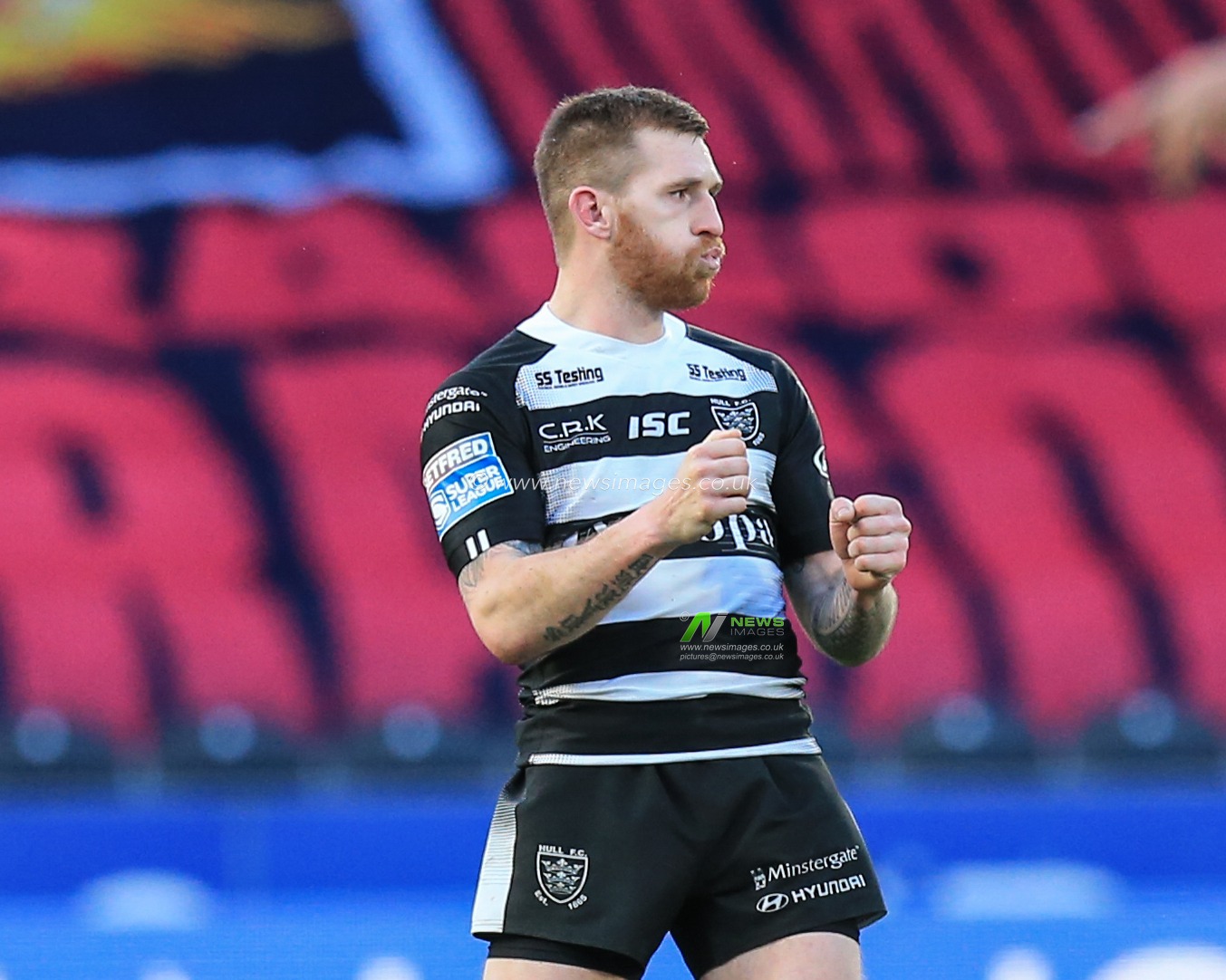 1st March 2020, KCOM Stadium, Hull, England; Betfred Super League, Hull FC v Catalans Dragons : Marc Sneyd (7) of Hull FC celebrates what he thinks is the winning drop goal