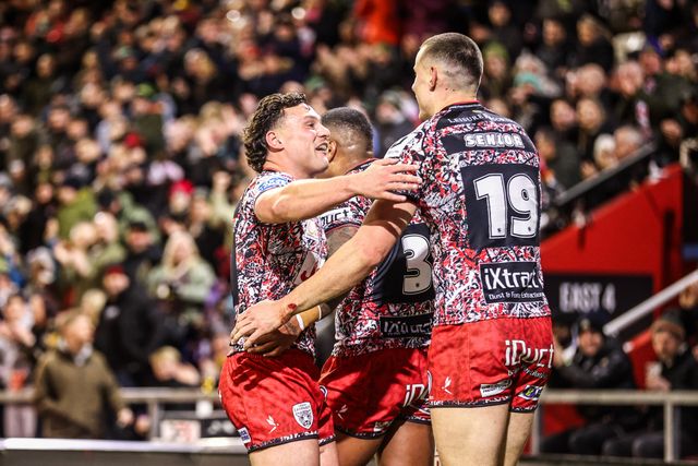 Tesi Niu of Leigh Leopards celebrates his try during the Betfred Super League match Leigh Leopards vs Catalans Dragons at Leigh Sports Village, Leigh, United Kingdom on 06 March 2026

(Photo by Alfie Cosgrove/News Images)
