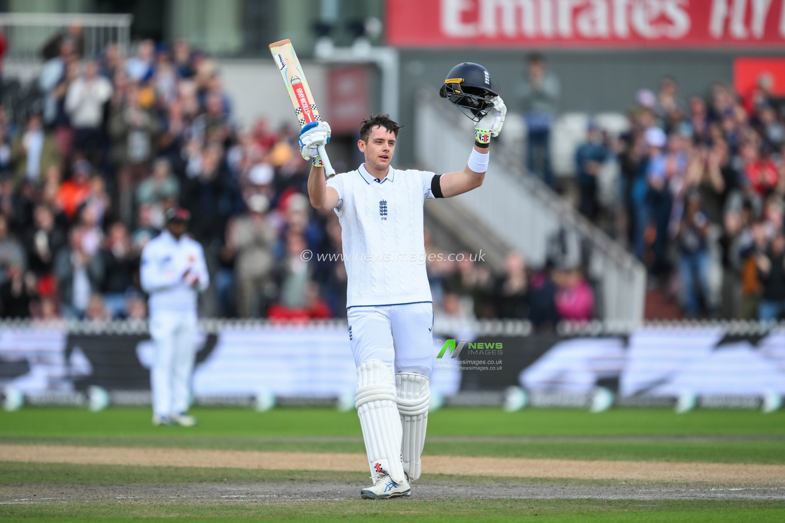 Jamie Smith of England celebrates his first test century (100 runs) during the England Men v Sri Lanka 1st Rothesay Test Match Day 3 at Old Trafford, Manchester, United Kingdom, 23rd August 2024

(Photo by Craig Thomas/News Images)