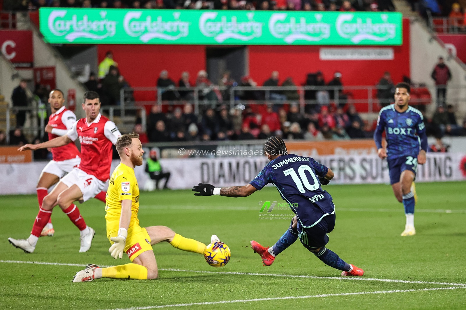 Viktor Johansson #1 of Rotherham United saves a shot from Crysencio Summerville #10 of Leeds United during the Sky Bet Championship match Rotherham United vs Leeds United at New York Stadium, Rotherham, United Kingdom, 24th November 2023

(Photo by Mark Cosgrove/News Images)
