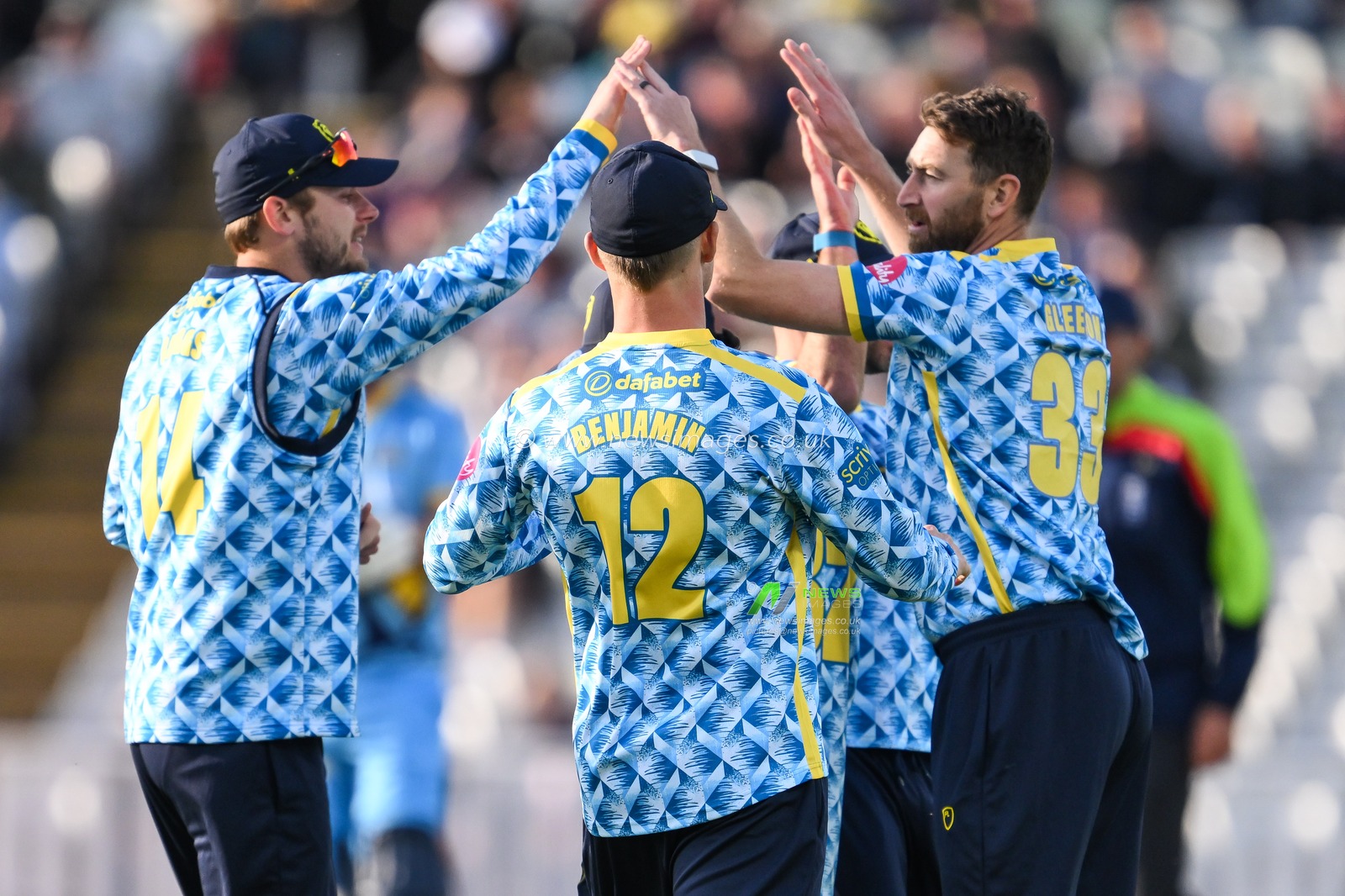 Richard Gleeson of Birmingham Bears celebrates bowling Adam Lyth of Yorkshire Vikings l during the Vitality Blast match Birmingham Bears vs Lancashire Lightning at Edgbaston, Birmingham, United Kingdom, 14th June 2024

(Photo by Craig Thomas/News Images)
