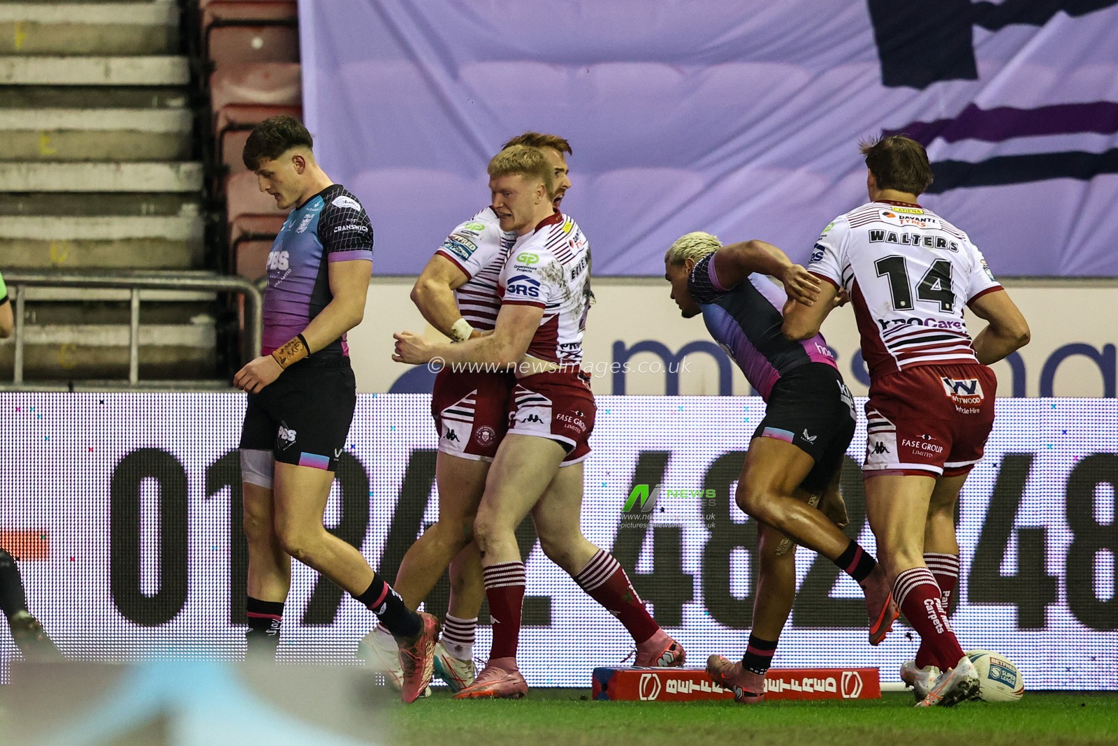 Zach Eckersley of Wigan Warriors celebrates his try during the Betfred Super League match Wigan Warriors vs Hull FC at The Brick Community Stadium, Wigan, United Kingdom on 21 February 2026

(Photo by Alfie Cosgrove/News Images)