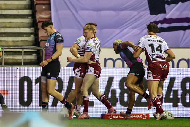 Zach Eckersley of Wigan Warriors celebrates his try during the Betfred Super League match Wigan Warriors vs Hull FC at The Brick Community Stadium, Wigan, United Kingdom on 21 February 2026

(Photo by Alfie Cosgrove/News Images)