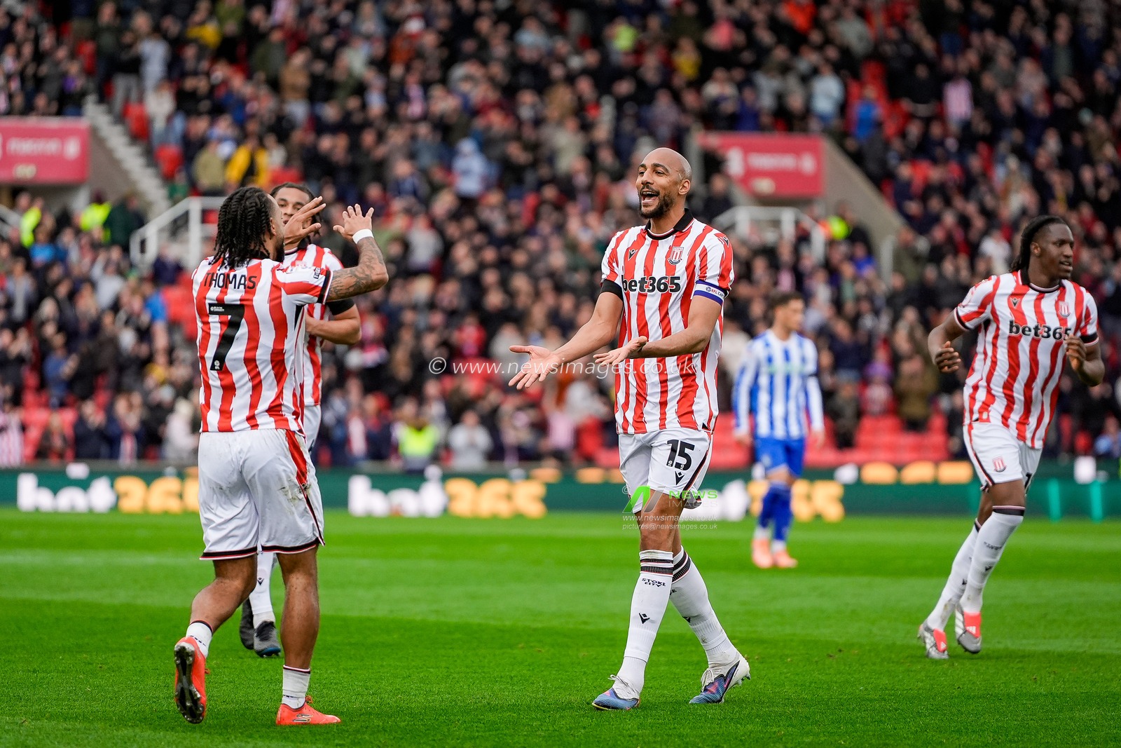 Sorba Thomas of Stoke City and Steven Nzonzi of Stoke City celebrate Jesurun Rak-Sakyi of Stoke City scoring a goal to make it  1-0 during the Sky Bet Championship match Stoke City vs Sheffield Wednesday at Bet365 Stadium, Stoke On Trent, United Kingdom on 03 April 2026

(Photo by Maynard Manyowa/News Images)