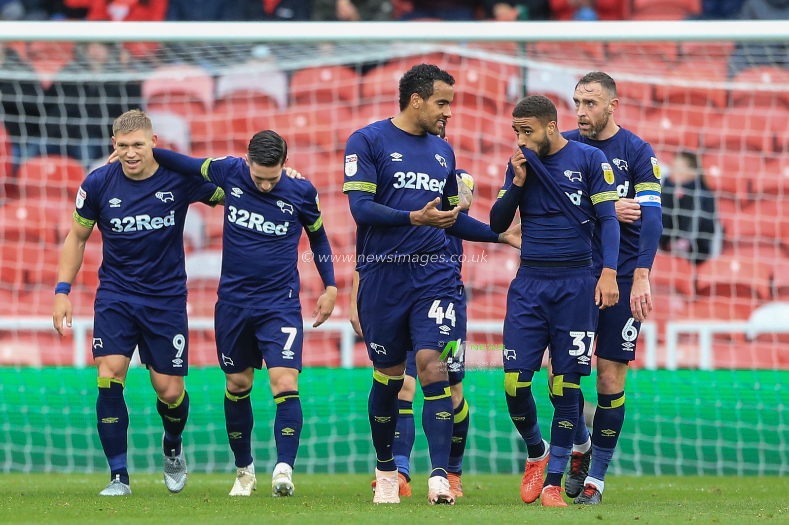 27th October 2018, Riverside Stadium, Middlesbrough, England ; Sky Bet Championship Middlesbrough v Derby ; Tom Huddlestone (44) of Derby and Jayden Bogle (37) of Derby discuss George Friend (03) of Middlesbrough's own goal

Credit: Mark Cosgrove/News Images

English Football League images are subject to DataCo Licence