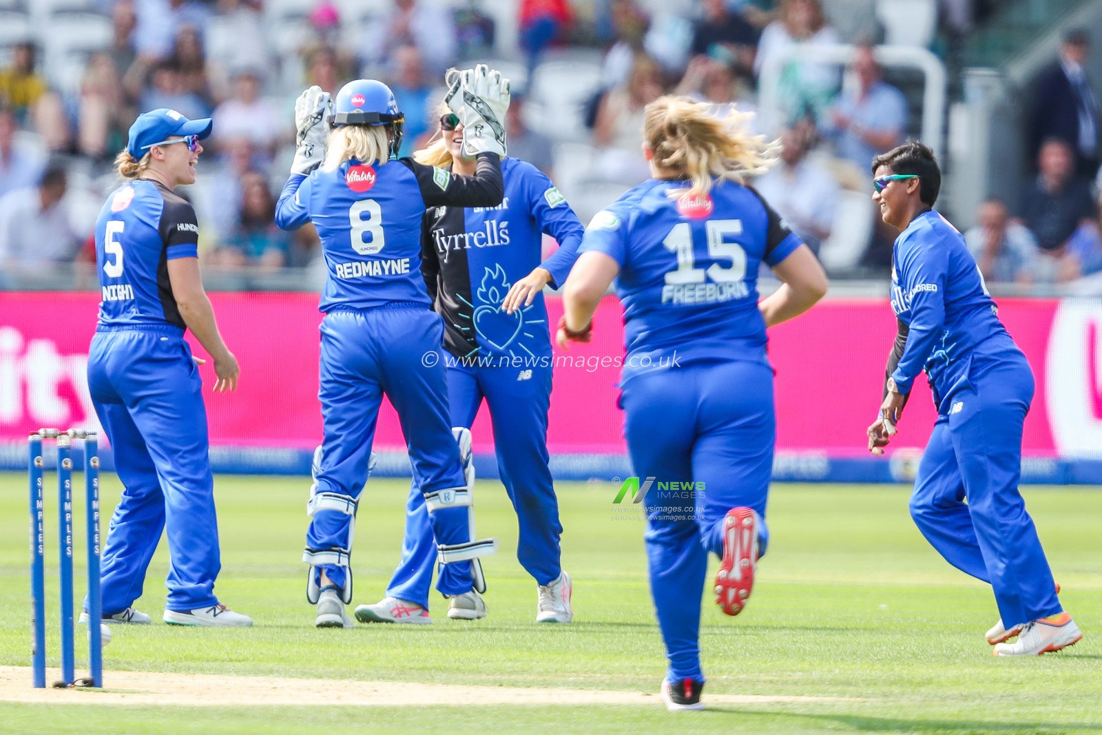 Sarah Glenn of London Spirit celebrates with teammates after the dismissal of Sarah Bryce of Welsh Fire during the The Hundred Women's Final match Welsh Fire Women vs London Spirit Women at Lords, London, United Kingdom, 18th August 2024

(Photo by Izzy Poles/News Images)