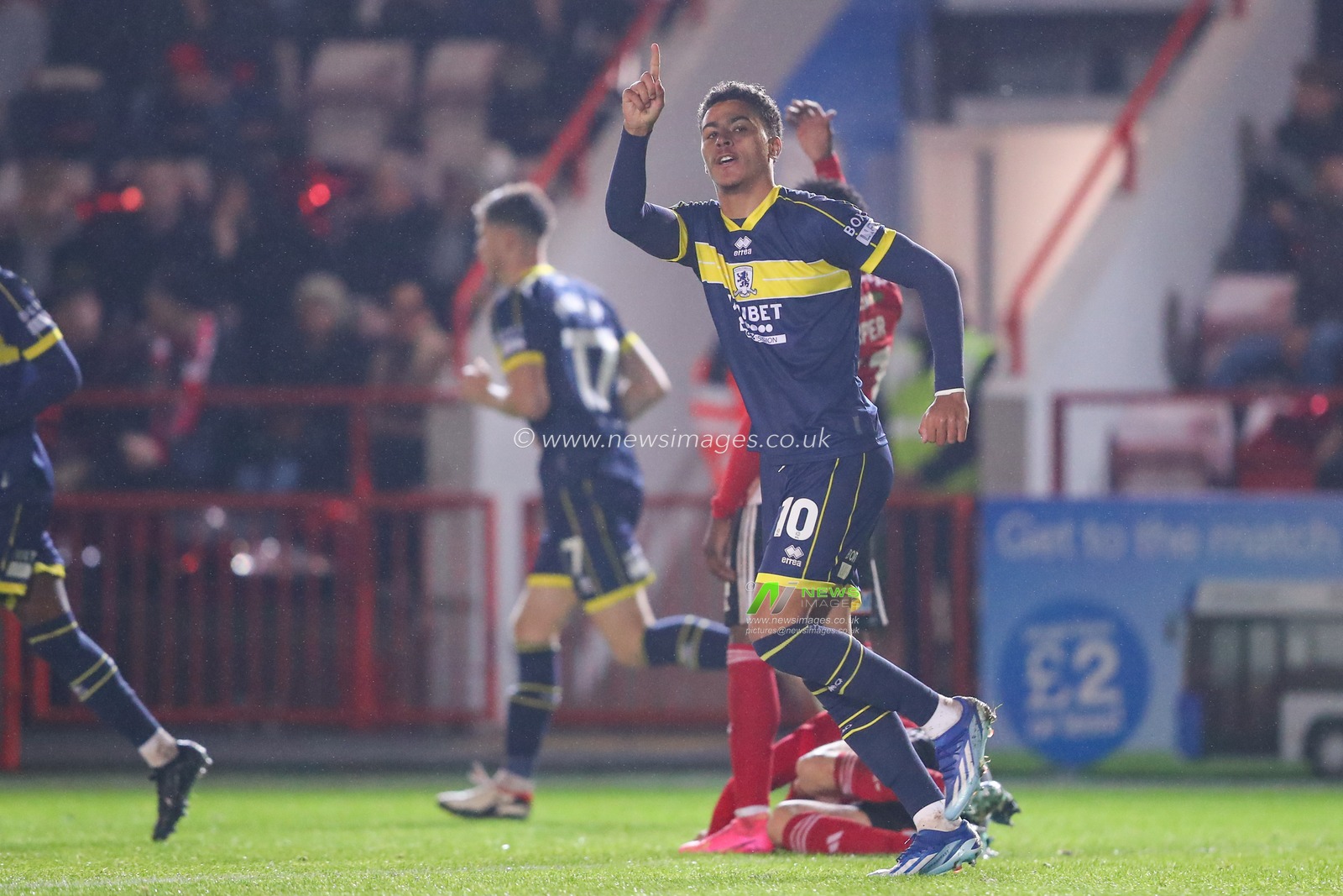 Morgan Rogers #10 of Middlesbrough celebrates his goal to make it 1-1 during the Carabao Cup match Exeter City vs Middlesbrough at St James' Park, Exeter, United Kingdom, 31st October 2023

(Photo by Gareth Evans/News Images)