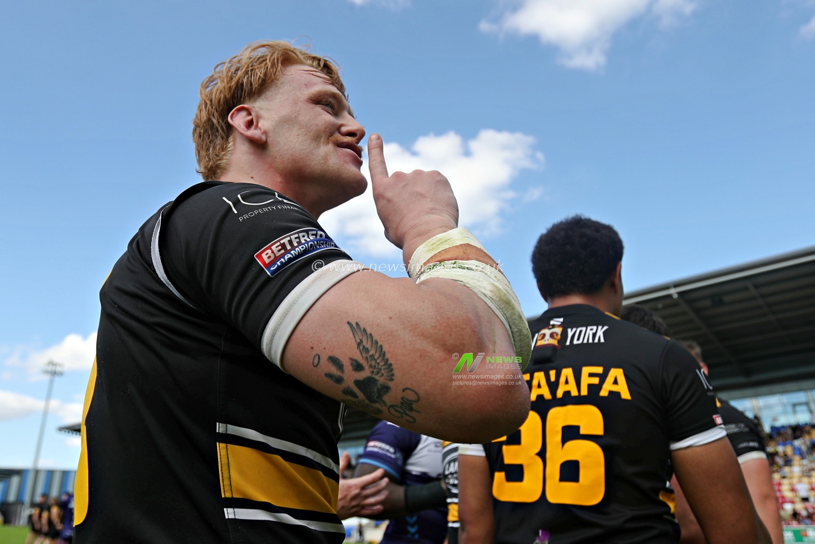 Jack Martin of York Knights RLFC taunts the Featherstone fans during the Betfred Championship match York City Knights vs Featherstone Rovers at LNER Community Stadium, York, United Kingdom, 29th June 2025(Photo by Sam Eaden/News Images)