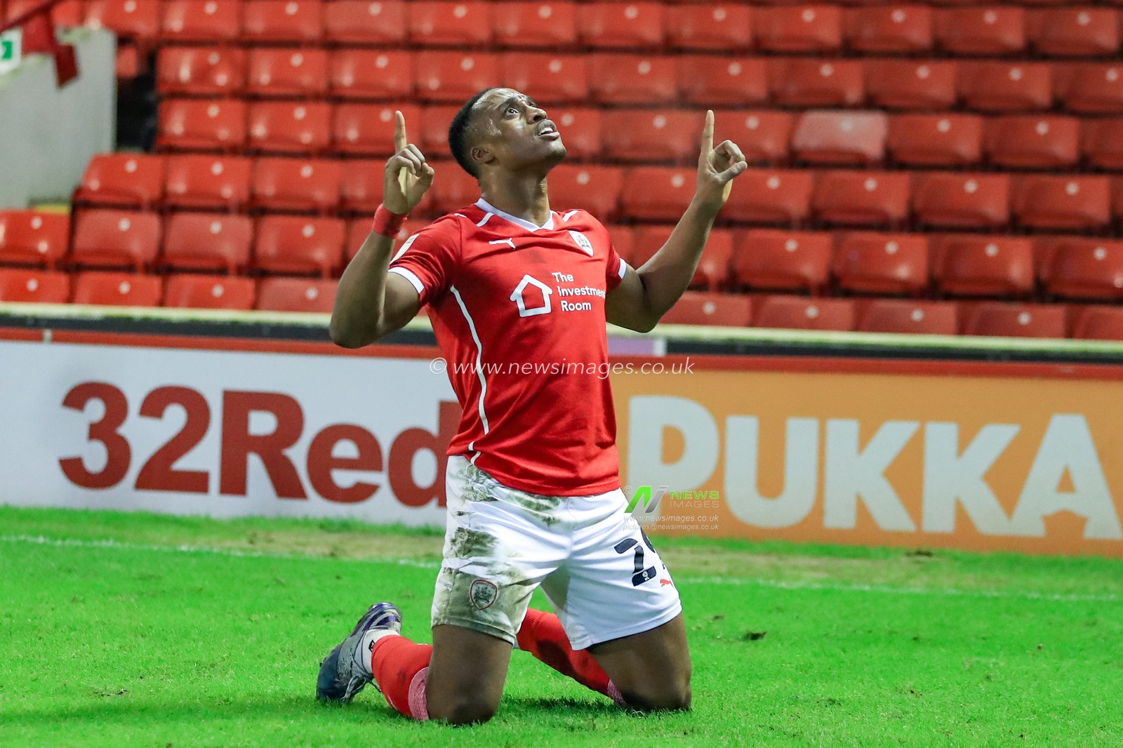 Victor Adeboyejo #29 of Barnsley celebrates his goal to make it 2-1