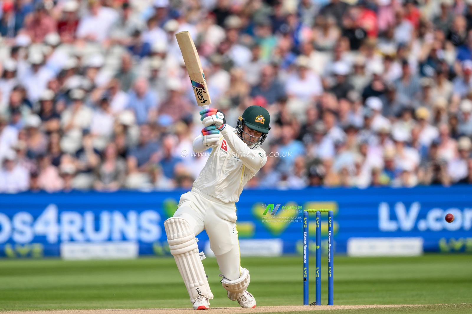 Alex Carey of Australia attempts to drive the ball during the LV= Insurance Ashes First Test Series Day 3 England v Australia at Edgbaston, Birmingham, United Kingdom, 18th June 2023

(Photo by Craig Thomas/News Images)