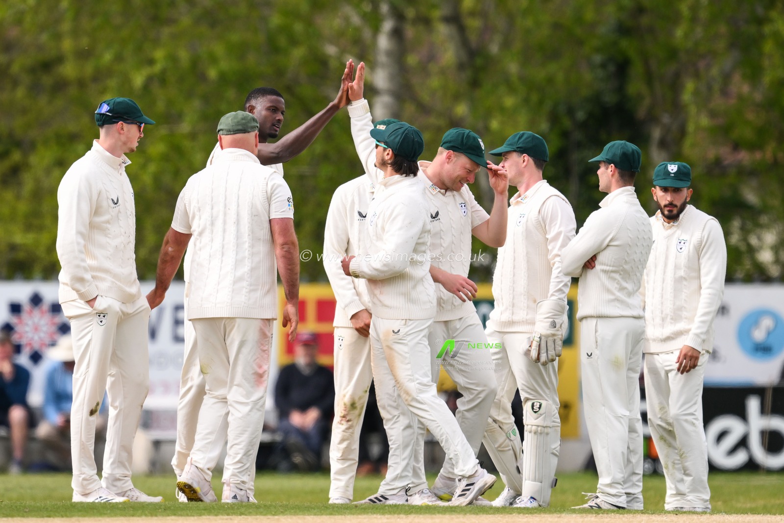 Jason Holder of Worcestershire celebrates taking the wicket of James Rew of Somerset  caught by Gareth Roderick of Worcestershire during the Vitality County Championship Division 1 match Worcestershire vs Somerset at Kidderminster Cricket Club, Kidderminster, United Kingdom, 26th April 2024

(Photo by Craig Thomas/News Images)