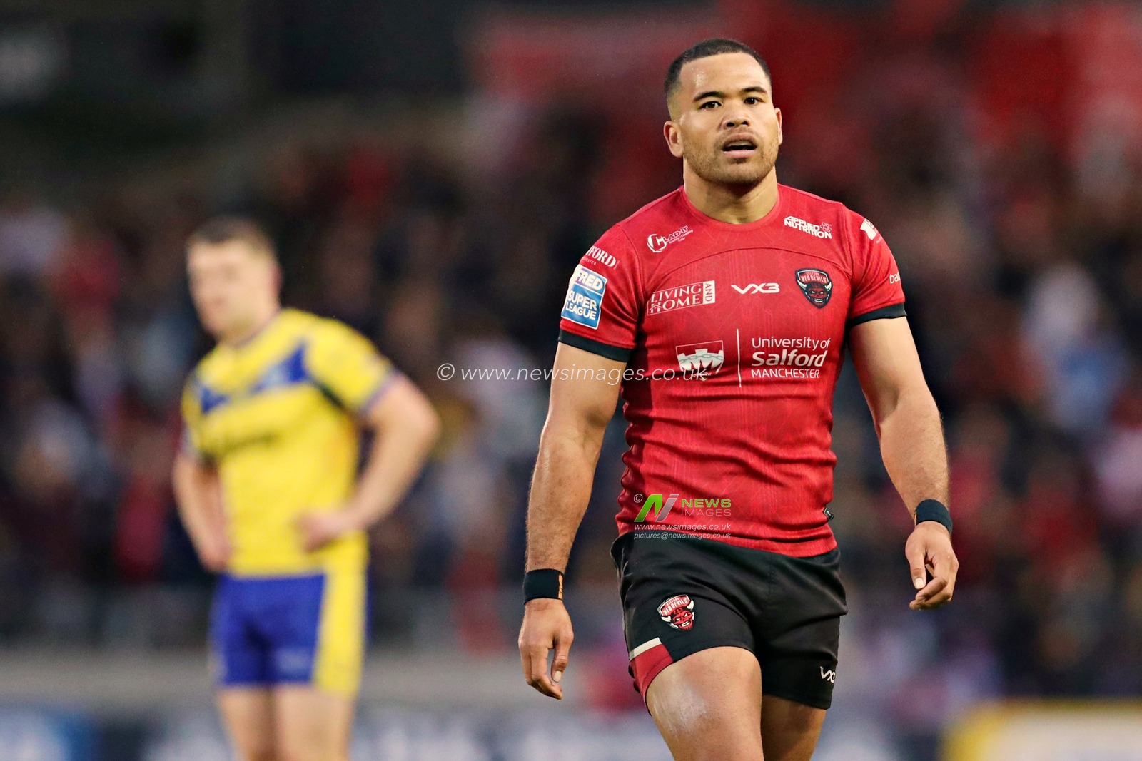 Esan Marsters of Salford Red Devils during the Betfred Super League round 17 match Salford Red Devils vs Warrington Wolves at Salford Community Stadium, Eccles, United Kingdom, 4th July 2025(Photo by Sam Eaden/News Images)