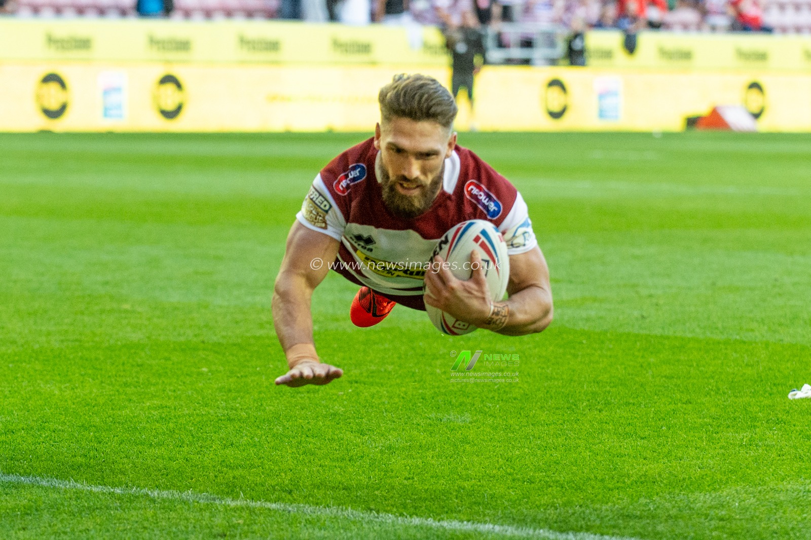 18th July 2019 , DW Stadium, Wigan, England;  Betfred Super League, Round 23, Wigan Warriors vs Wakefield Trinity ; Jarrod Sammut of Wigan Warriors scores his sides try

Credit: Richard Long/News Images