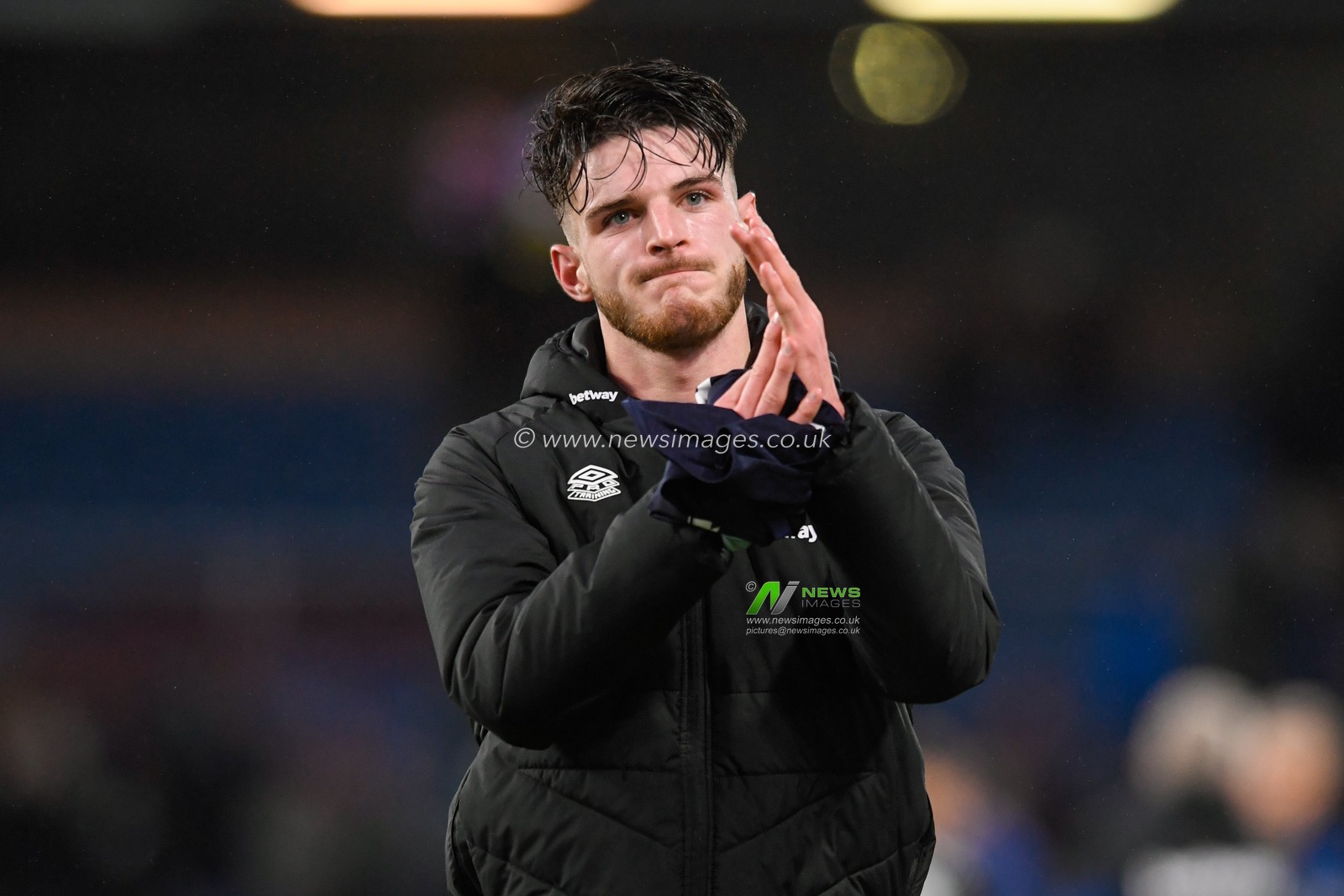 Declan Rice #41 of West Ham United applauds the travelling supporters at the end of the game after his side drew 0-0 with Burnley