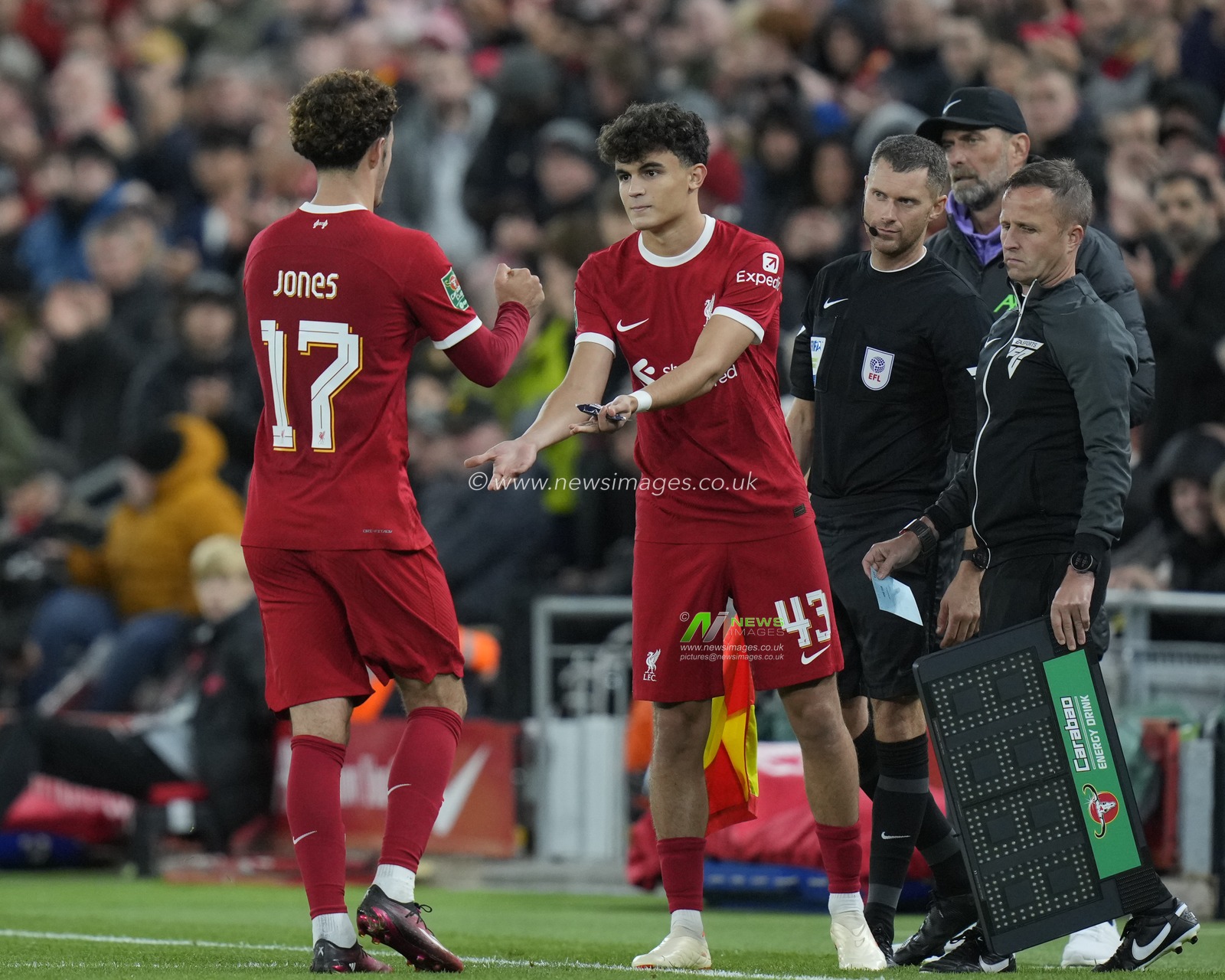 Curtis Jones #17 of Liverpool greets Stefan BajÄetiÄ‡ #43 of Liverpool as he take the field during the Carabao Cup Third Round match Liverpool vs Leicester City at Anfield, Liverpool, United Kingdom, 27th September 2023

(Photo by Steve Flynn/News Images)