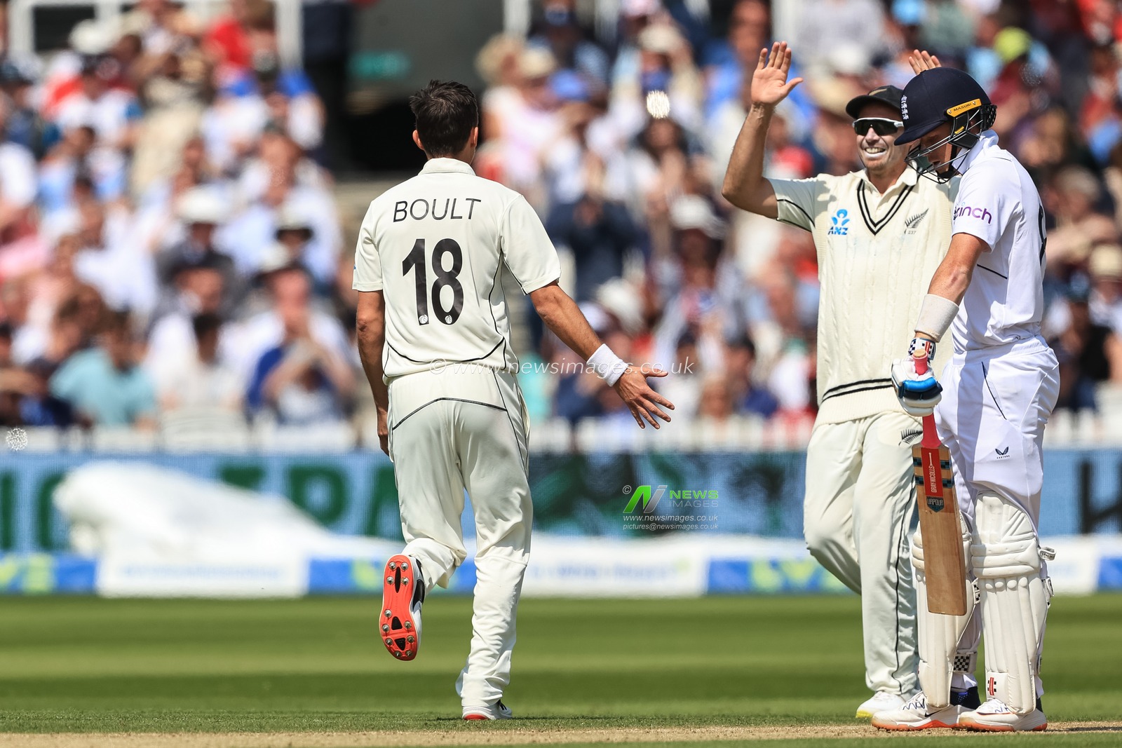 Trent Boult of New Zealand celebrates taking Ollie Pope of Englandâ€™s wicket