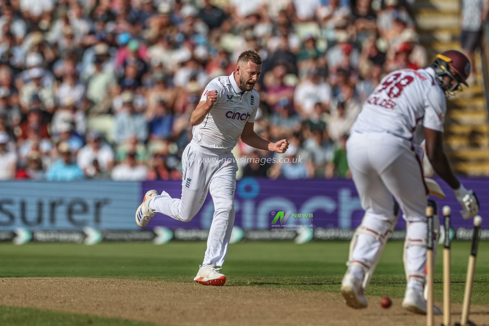 Gus Atkinson of England celebrates bowling out Jason Holder of West Indies during the 3rd Rothesay Test Match Day One match England vs West Indies at Edgbaston, Birmingham, United Kingdom, 26th July 2024

(Photo by Mark Cosgrove/News Images)