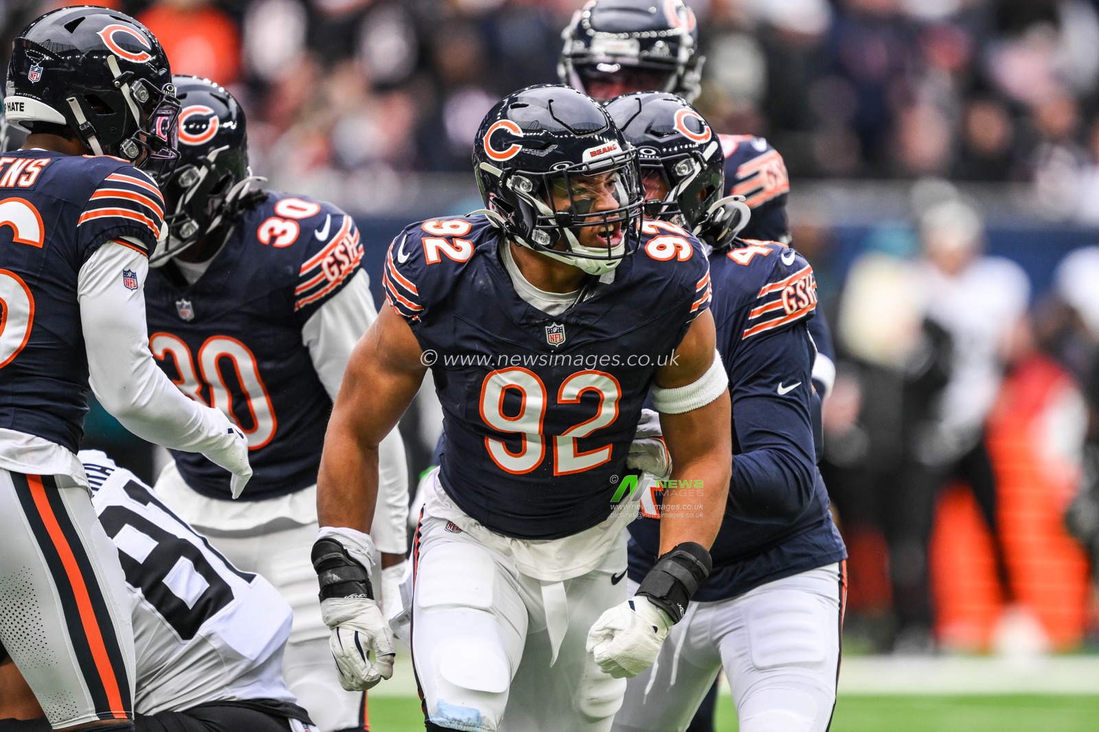 Daniel Hardy of the Chicago Bears celebrates a big hit during the Week 6 match Chicago Bears vs Jacksonville Jaguars at Tottenham Hotspur Stadium, London, United Kingdom, 13th October 2024

(Photo by Craig Thomas/News Images)