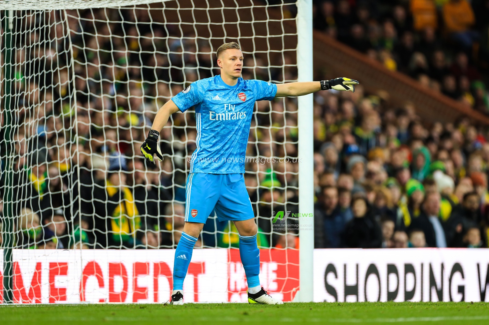 1st December 2019, Carrow Road, Norwich, England; Premier League, Norwich City v Arsenal : Bernd Leno (01) of Arsenal issues instructions from his goal line

Credit: Georgie Kerr/News Images