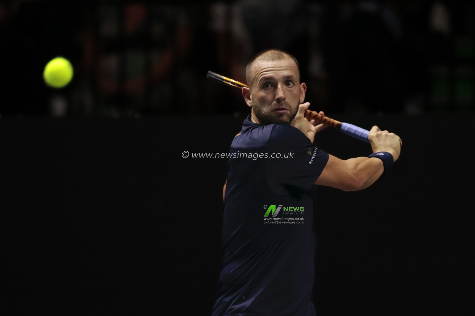 Daniel Evans (GBR) in action against Arthur Fils (FRA) during his Davis Cup match Great Britain vs France at Manchester AO Arena, Manchester, United Kingdom, 17th September 2023

(Photo by Conor Molloy/News Images)