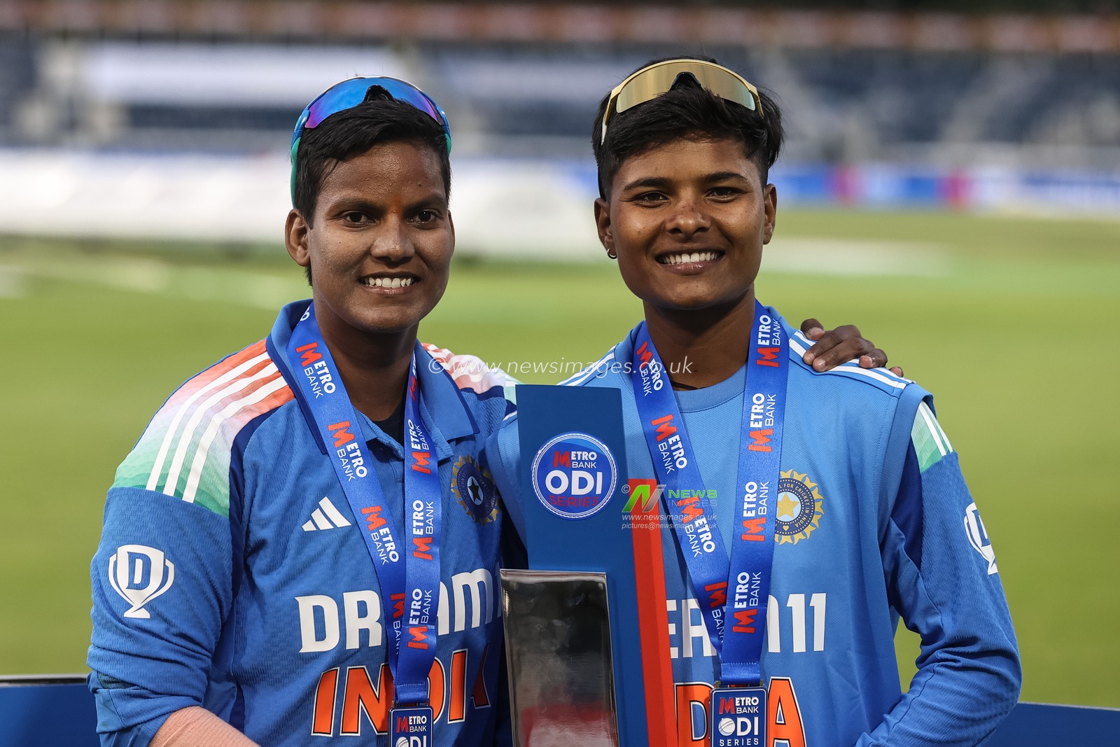 Deepti Sharma of India and Kranti Gaud of India  with the Trophy during the 3rd Metro Bank One Day International England Women vs India Women at Banks Homes Riverside Stadium, Chester-le-street, United Kingdom, 22nd July 2025

(Photo by Alfie Cosgrove/News Images)