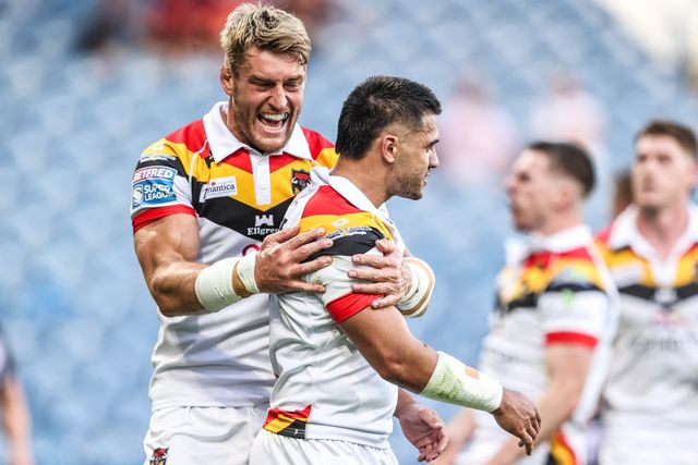 Jayden Nikorima of Bradford Bulls celebrates his try during the Betfred Super League round 18 match Huddersfield Giants vs Bradford Bulls at Accu Stadium, Huddersfield, United Kingdom on 10 July 2026

(Photo by Alfie Cosgrove/News Images)