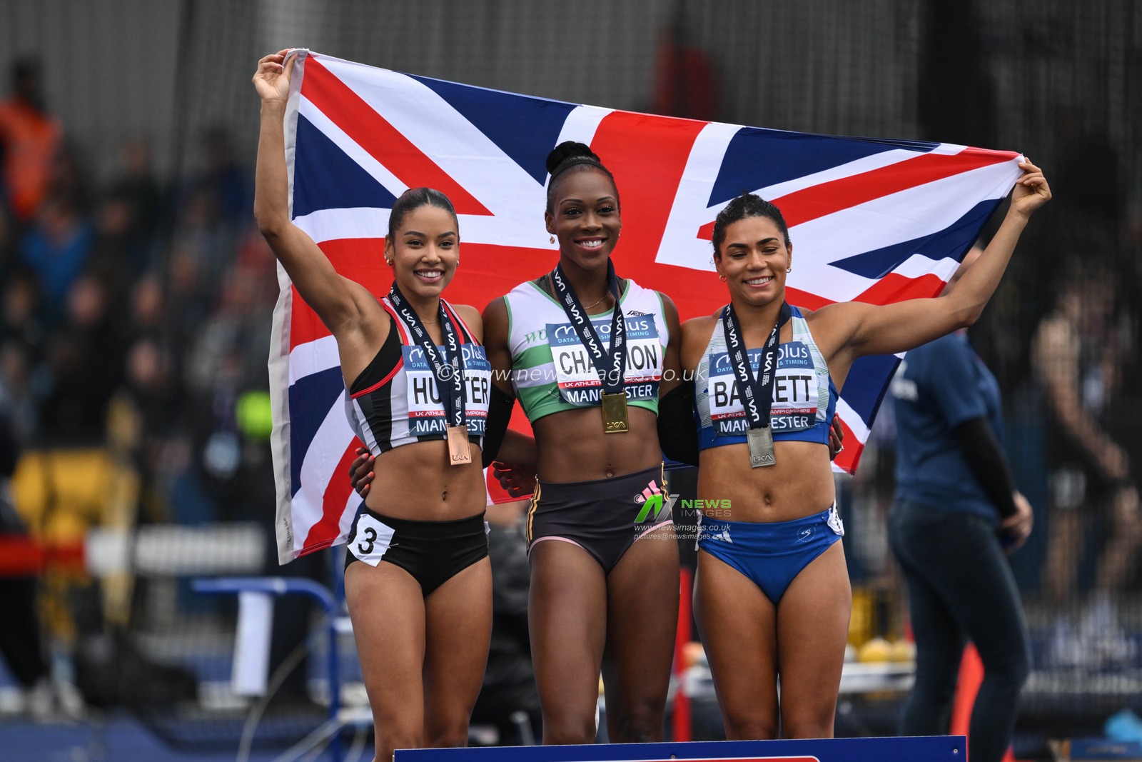All medalists from the hurdles event during the Microplus UK Athletics Championships Day 1 at Manchester Regional Arena, Manchester, United Kingdom, 29th June 2024

(Photo by Craig Thomas/News Images)