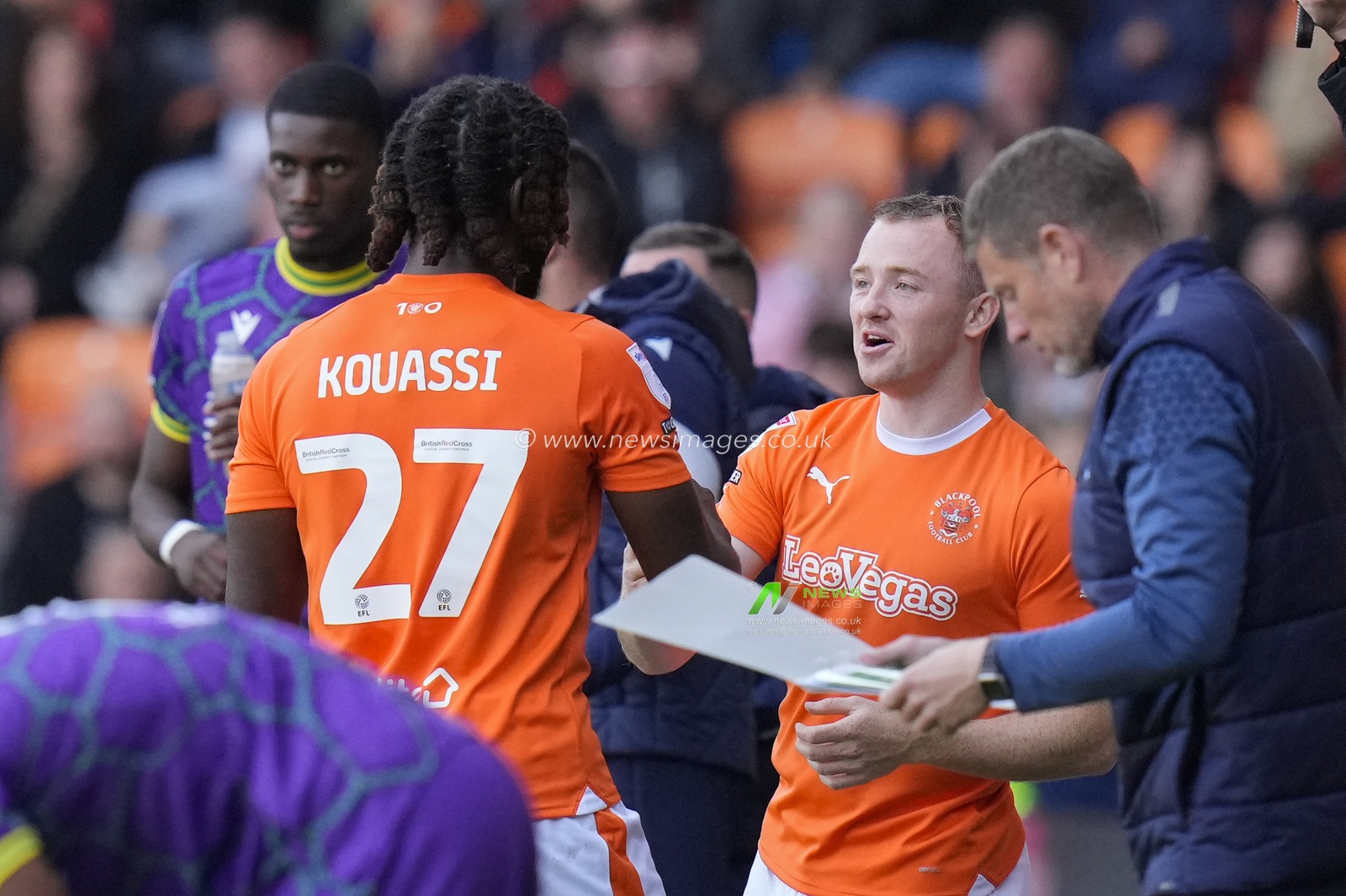 Kylian Kouassi #27 of Blackpool is greeted by Shayne Lavery #19 of Blackpool after being substituted during the Sky Bet League 1 match Blackpool vs Reading at Bloomfield Road, Blackpool, United Kingdom, 23rd September 2023

(Photo by Steve Flynn/News Images)
