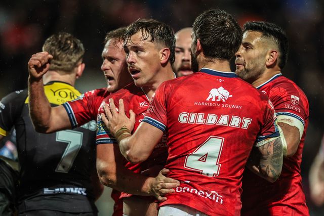 Jai Whitbread of Hull KR celebrates his try during the Betfred Super League Round 1 match York Knights vs Hull KR at LNER Community Stadium, Lincoln, United Kingdom on 12 February 2026

(Photo by Alfie Cosgrove/News Images)