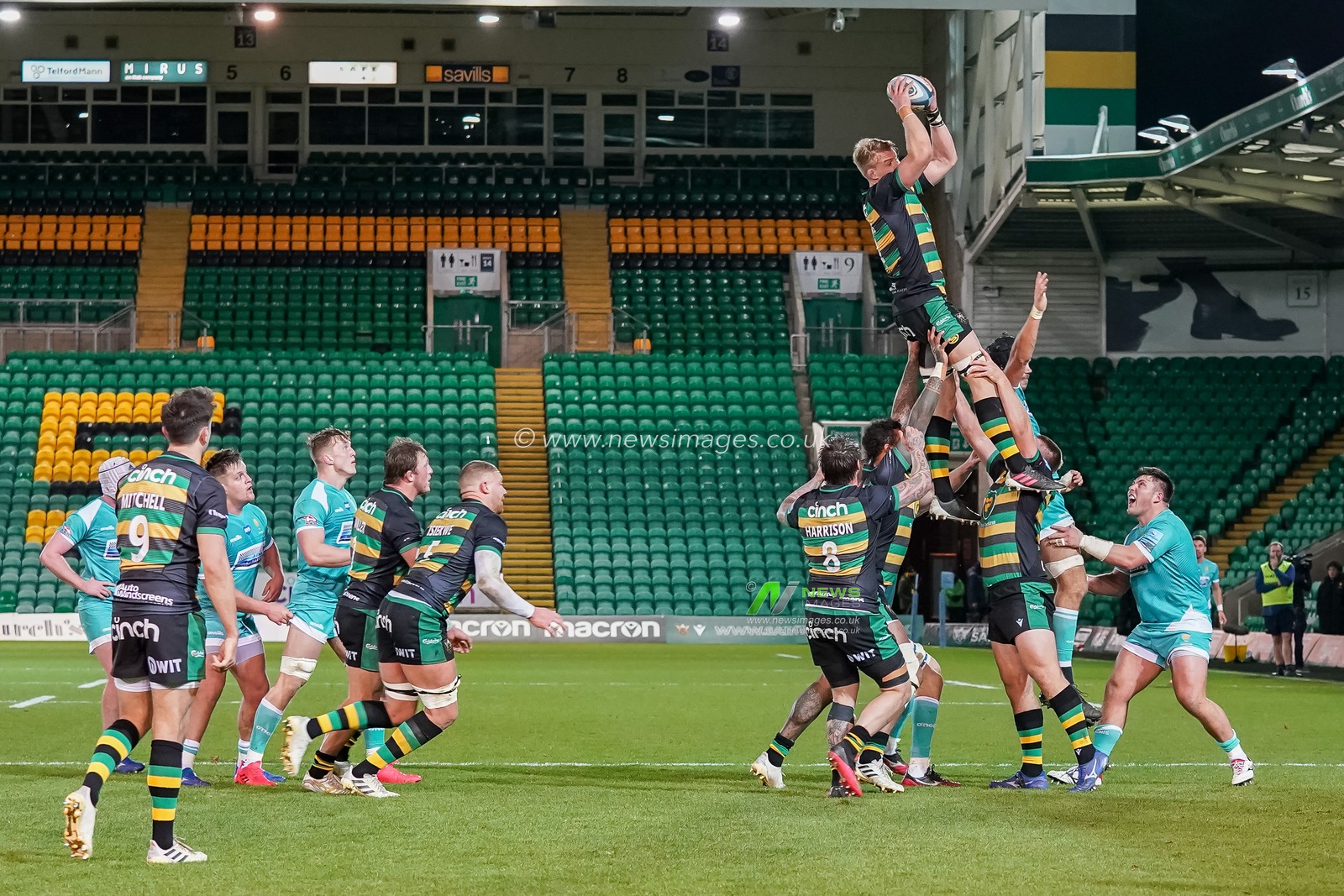 David Ribbans #4 of Northampton Saints wins the line out