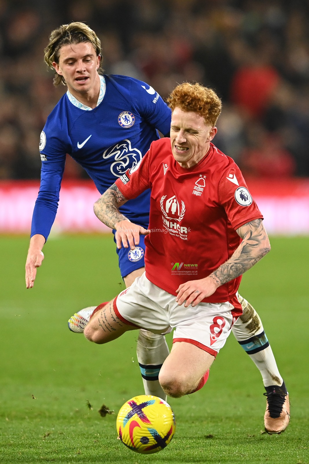 Conor Gallagher #23 of Chelsea challenges Jack Colback #8 of Nottingham Forest during the Premier League match Nottingham Forest vs Chelsea at City Ground, Nottingham, United Kingdom, 1st January 2023

(Photo by Craig Thomas/News Images)