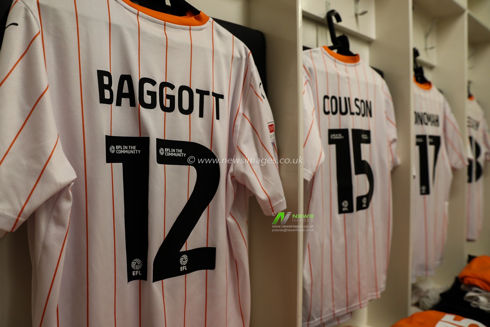 The shirt of Elkan Baggott of Blackpool hanging in the changing room ahead of the Sky Bet League 1 match Burton Albion vs Blackpool at Pirelli Stadium, Burton upon Trent, United Kingdom, 8th February 2025

(Photo by Gareth Evans/News Images)