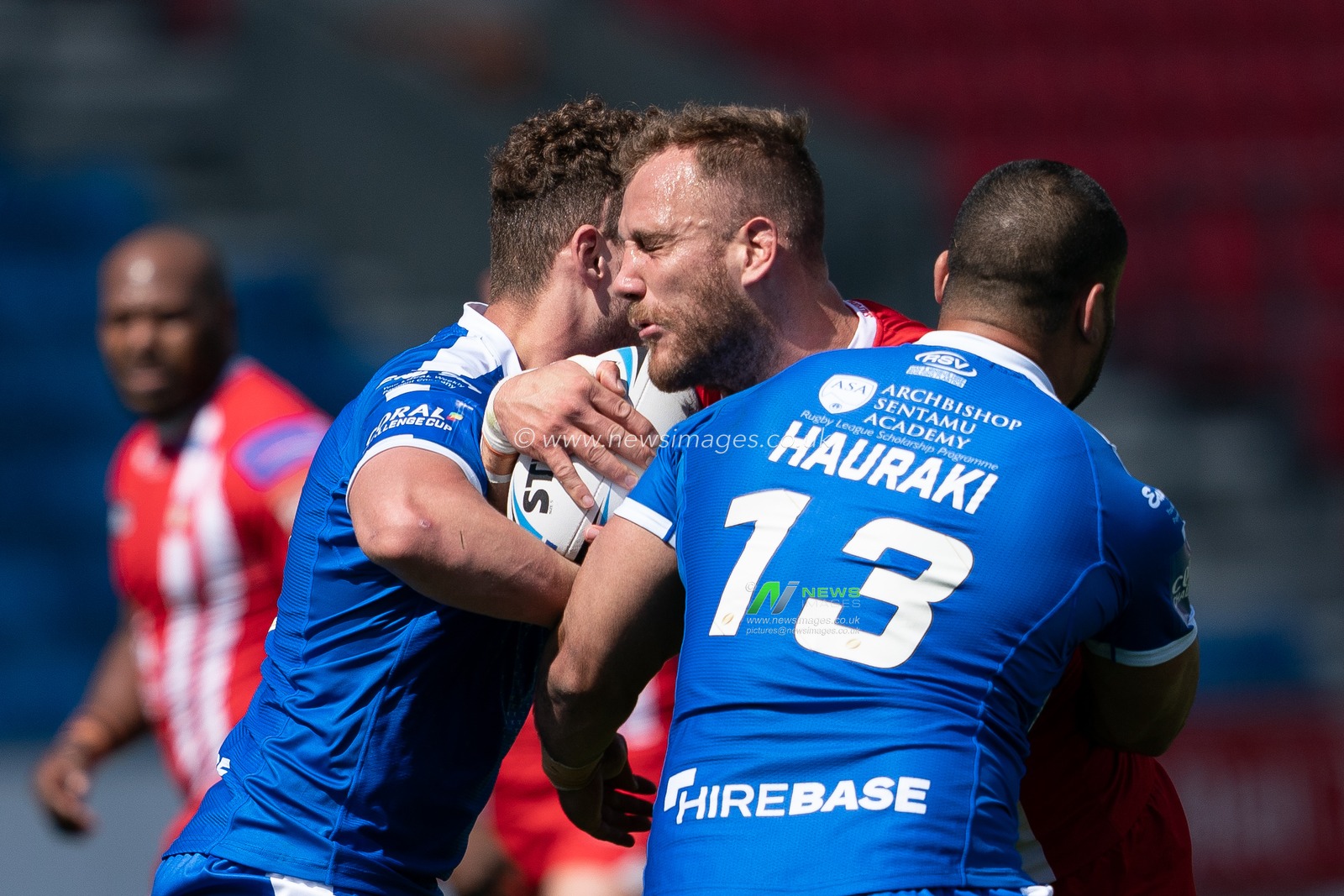 Salford Red Devils's Lee Mossop is tackled by  Hull Kingston Rovers Weller Hauraki


11th May 2019 , AJ Bell Stadium, Eccles, England; Coral Challenge Cup 2019, Round 6, Salford Red Devils vs Hull KR ;


Credit: Terry Donnelly/News Images