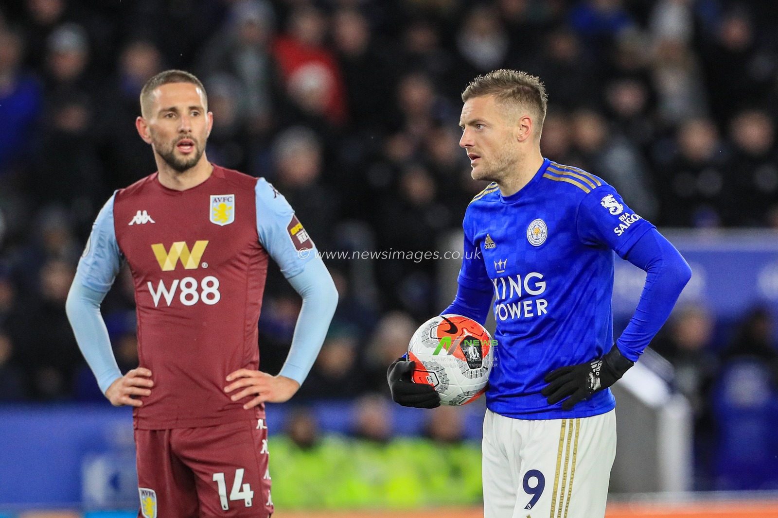 9th March 2020, King Power Stadium, Leicester, England; Premier League, Leicester City v Aston Villa : Jamie Vardy (9) of Leicester City picks the ball up as he waits for a VAR decision on a Leicester penalty