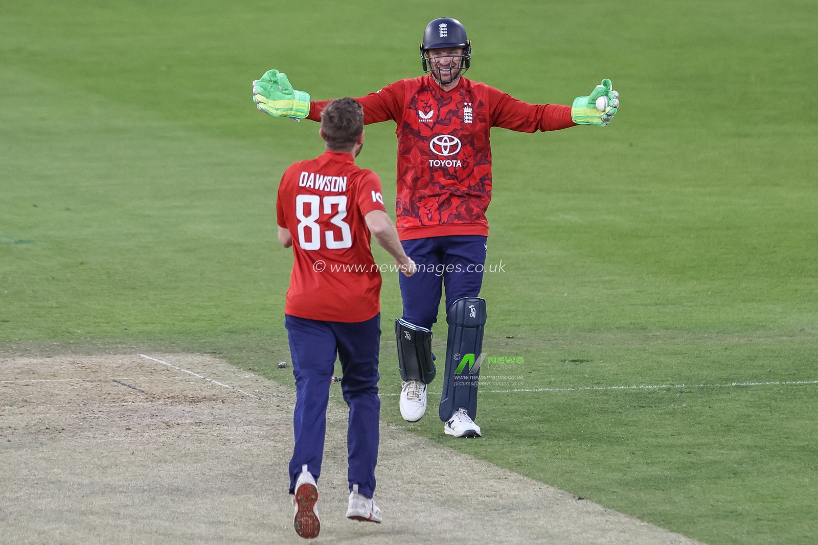 Jos Buttler of England celebrates stumping out Johnson Charles with Liam Dawson of England  during the 1st Vitality T20 International Series England v West Indies at Banks Homes Riverside Stadium, Chester-le-street, United Kingdom, 6th June 2025

(Photo by Mark Cosgrove/News Images)