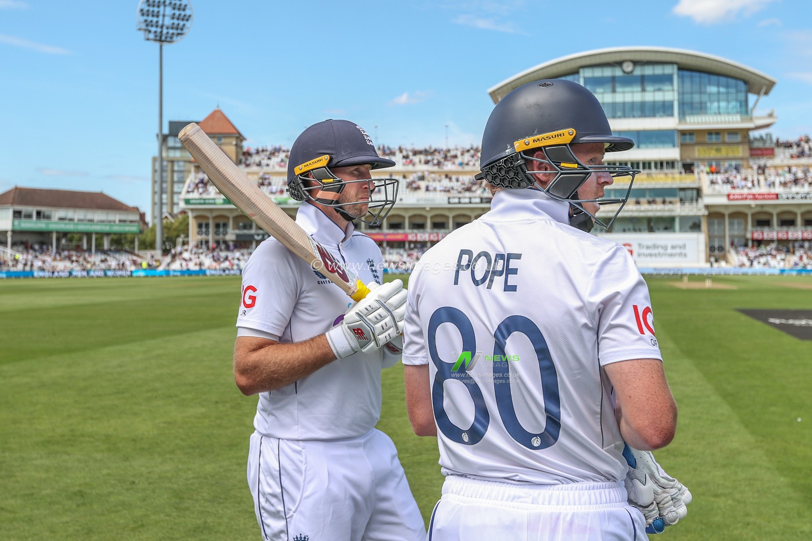 Joe Root of England and Ollie Pope of England get ready to come out to bat after lunch during the 2nd Rothesay Test Match match England vs West Indies at Trent Bridge, Nottingham, United Kingdom, 18th July 2024

(Photo by Mark Cosgrove/News Images)