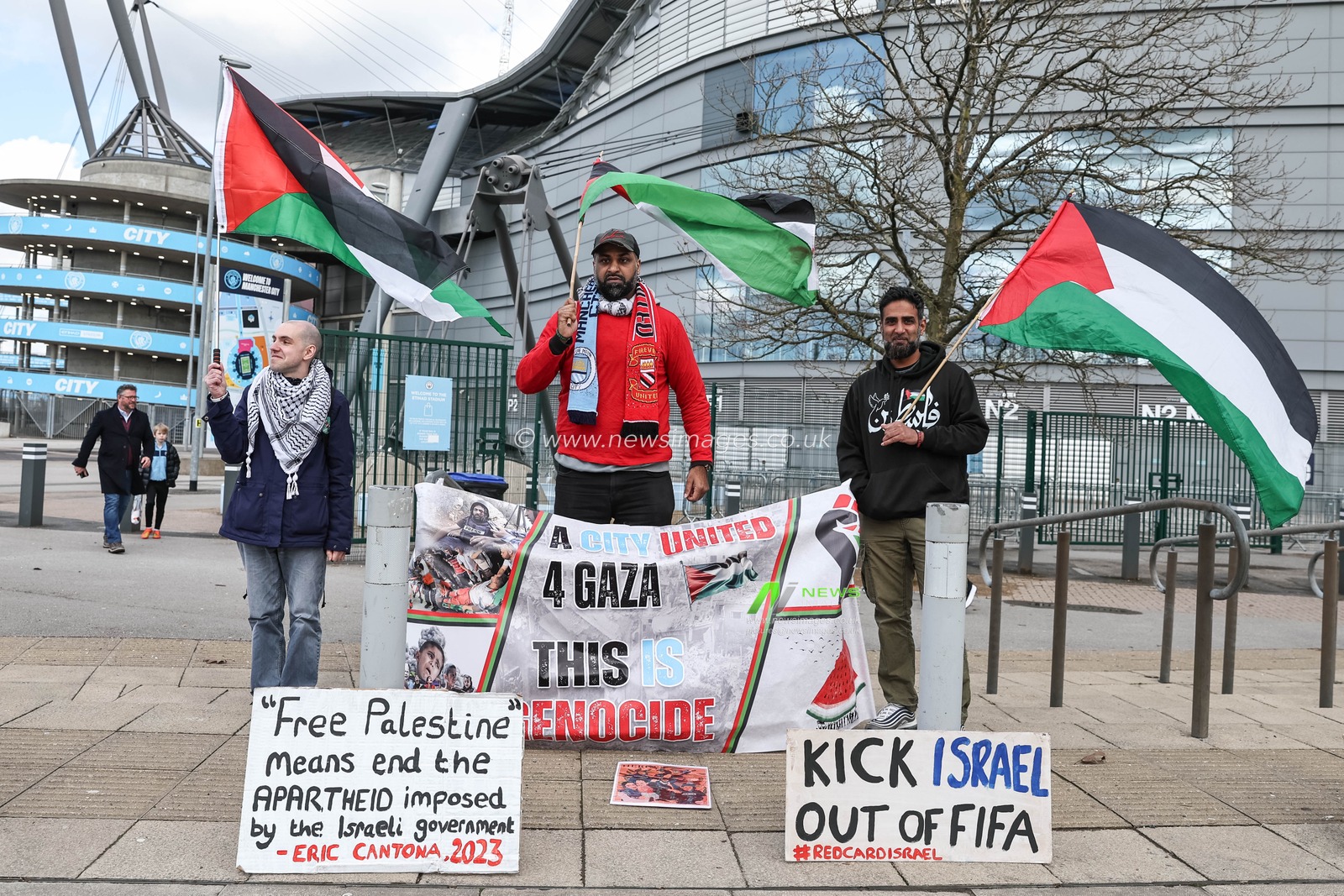 A City United 4 Gaza demonstrators outside the Etihad Stadium during the Premier League match Manchester City vs Manchester United at Etihad Stadium, Manchester, United Kingdom, 3rd March 2024

(Photo by Mark Cosgrove/News Images)