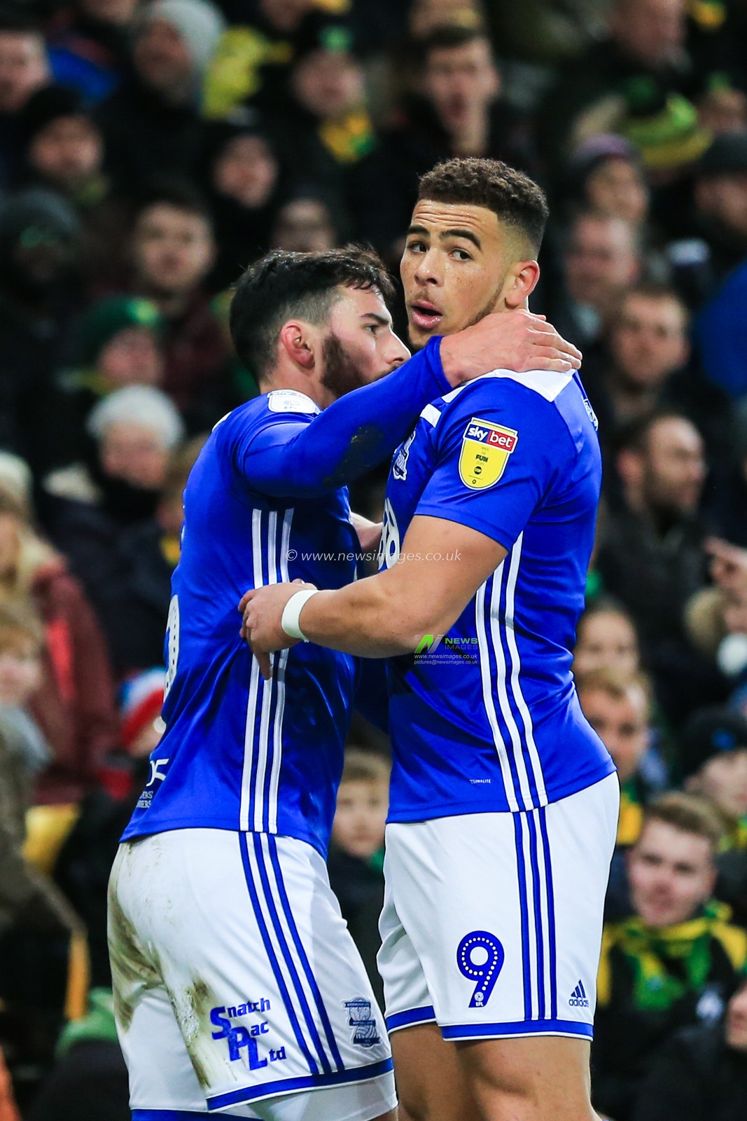 18th November 2019, Carrow Road, Norfolk, England; Sky Bet Championship, Norwich City vs Birmingham City ;  Che Adams (09) of Birmingham celebrates levelling the scores to 1-1.


Credit: Georgie Kerr/News Images

English Football League images are subject to DataCo Licence