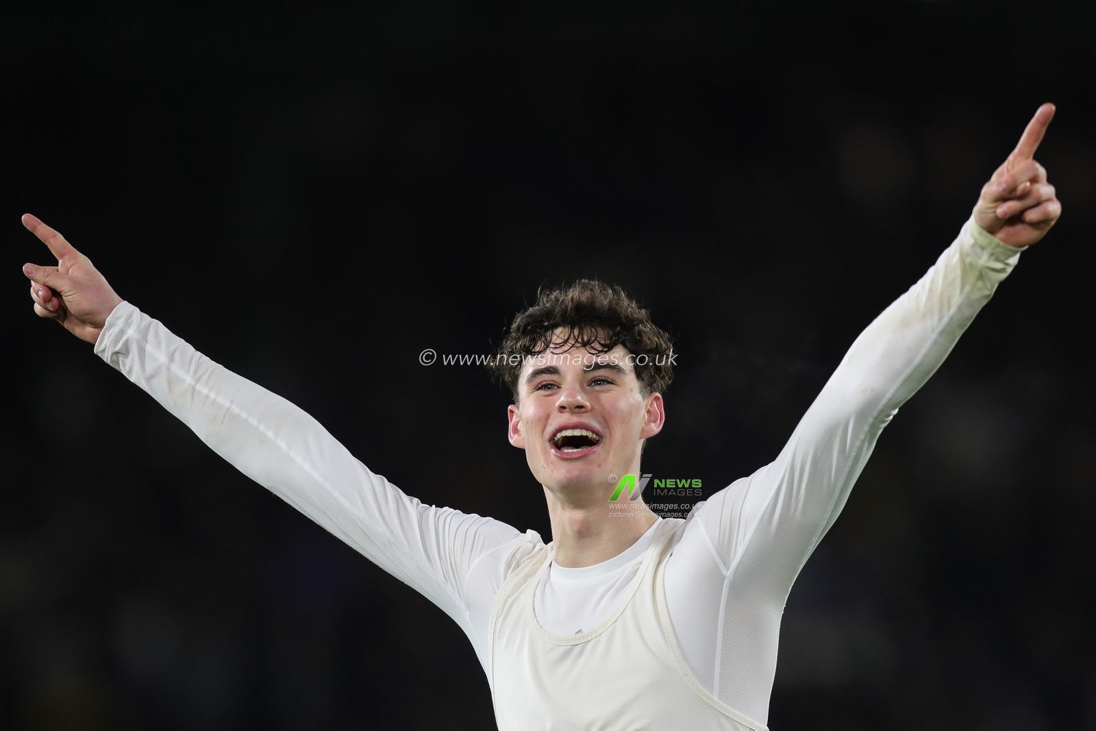 Archie Gray of Leeds United celebrates in front of the supporters after the Sky Bet Championship match Leeds United vs Leicester City at Elland Road, Leeds, United Kingdom, 23rd February 2024

(Photo by James Heaton/News Images)