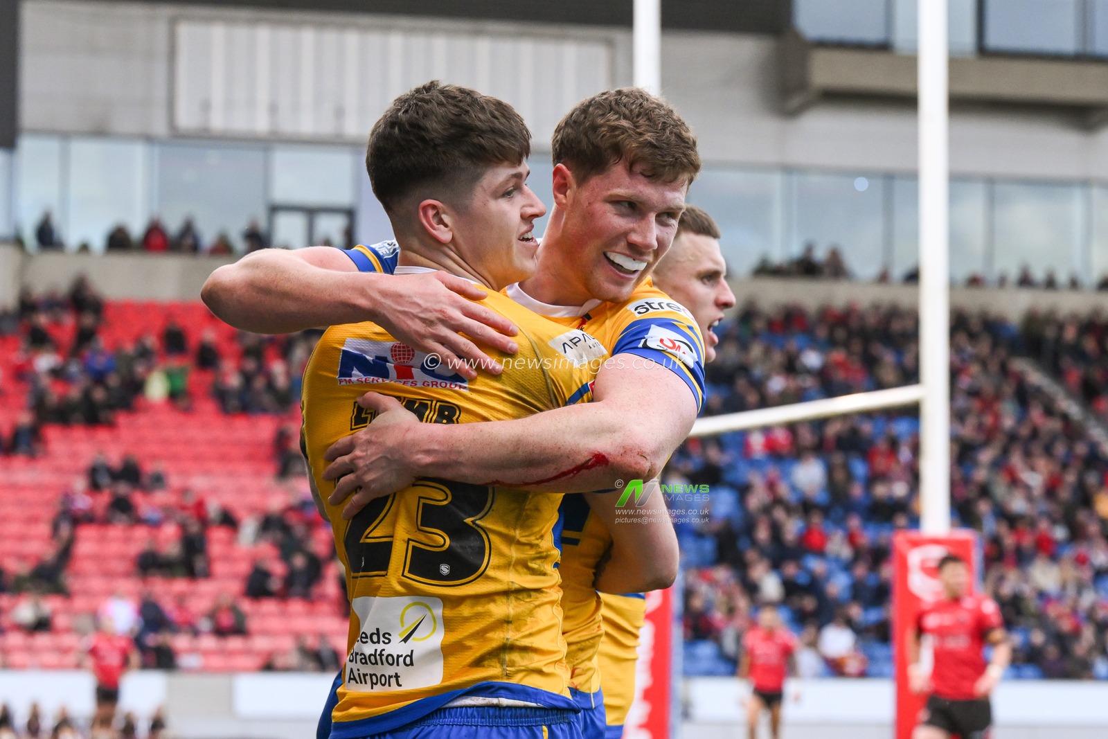 Riley Lumb of Leeds Rhinos celebrates his try during the Betfred Super League match Round 2 Salford Red Devils vs Leeds Rhinos at Salford Community Stadium, Eccles, United Kingdom, 22nd February 2025

(Photo by Craig Thomas/News Images)