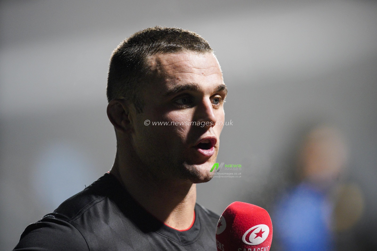 Ben Earl #7 of Saracens being interviewed at the end of the game