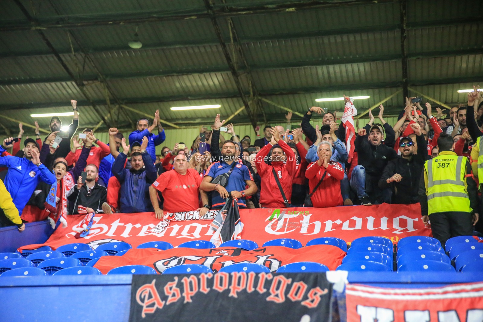 30th August 2018, Turf Moor, Burnley, England; UEFA Europa League Play-off second leg Burnley v Olympiakos ;Olympiakos fans celebrate their win over Burnley and go through to the next stage
