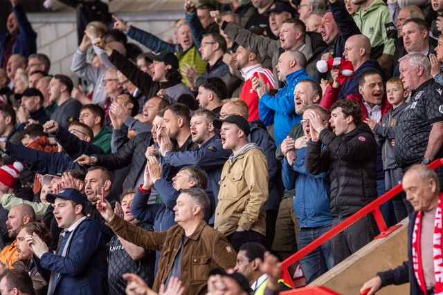 Wrexham fans during the Sky Bet League 1 match Wrexham vs Stockport County at SToK Cae Ras, Wrexham, United Kingdom, 22nd March 2025

(Photo by Nik Mesney/News Images)