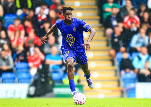 Wilfried Singo of Monaco breaks with the ball during the Pre-season friendly match Nottingham Forest vs Monaco at SMH Group Stadiumact Stadium, Chesterfield, United Kingdom, 19th July 2025

(Photo by Richard Bierton/News Images)