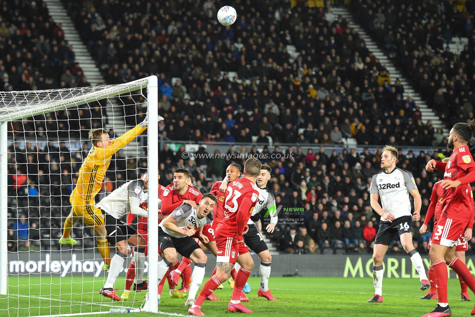 21st February 2020, Pride Park Stadium, Derby, England; Sky Bet Championship, Derby County v Fulham : Ben Hamer (12) of Derby County punches the ball clear from a Wayne Rooney corner
