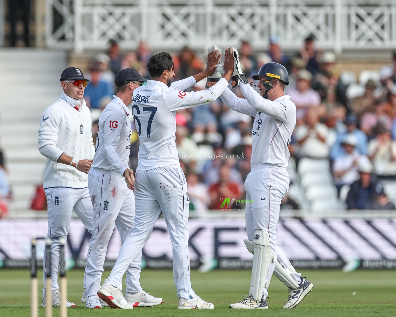 Shoaib Bashir of England celebrates the wicket of Tafadzwa Tsiga of Zimbabwe during the Rothesay Test Match Day 2 England vs Zimbabwe at Trent Bridge, Nottingham, United Kingdom, 23rd May 2025

(Photo by Mark Cosgrove/News Images)