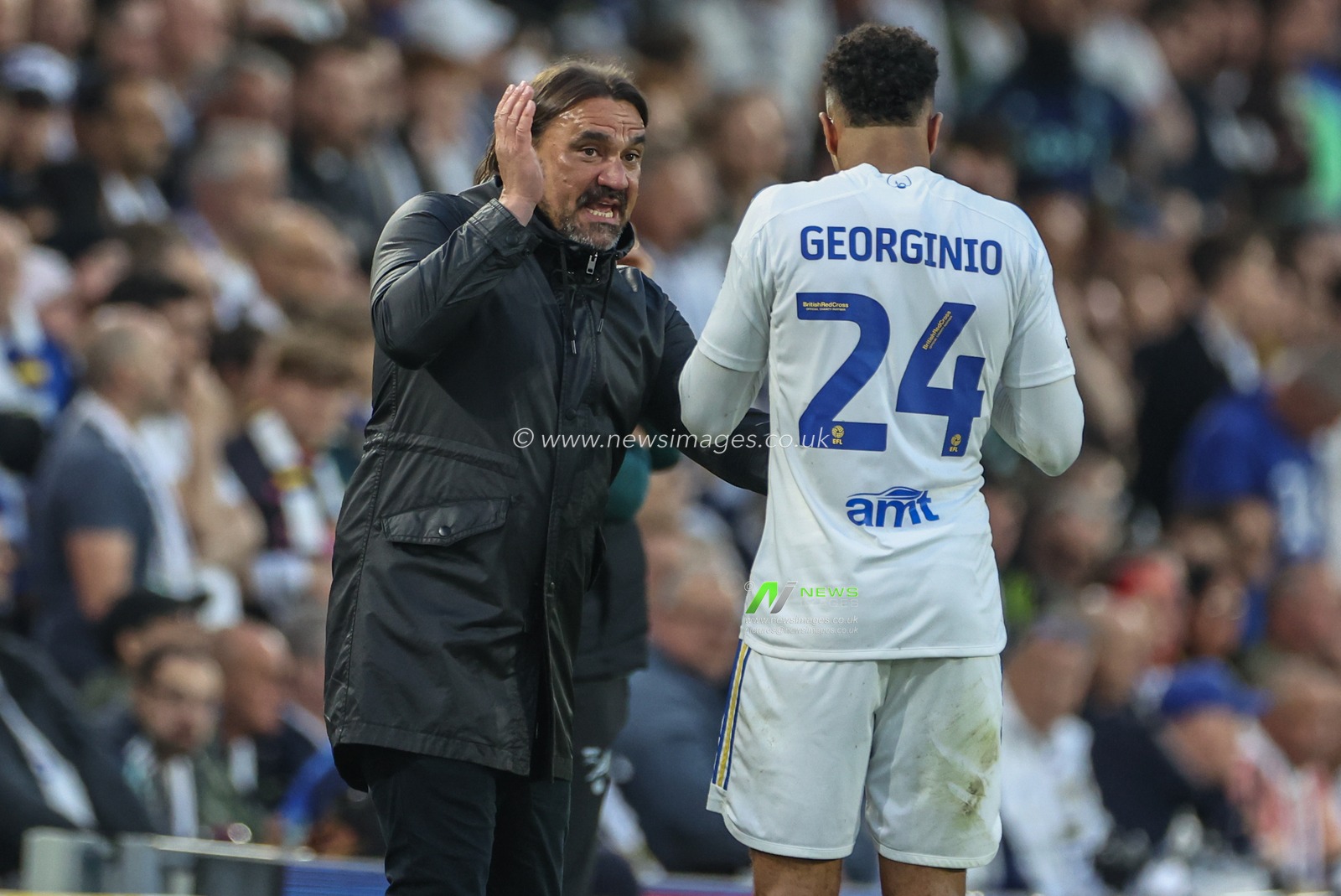 Daniel Farke manager of Leeds United gives Georginio Rutter of Leeds United instructions during the Sky Bet Championship Play-off Semi Final Second Leg Leeds United vs Norwich City at Elland Road, Leeds, United Kingdom, 16th May 2024

(Photo by Mark Cosgrove/News Images)