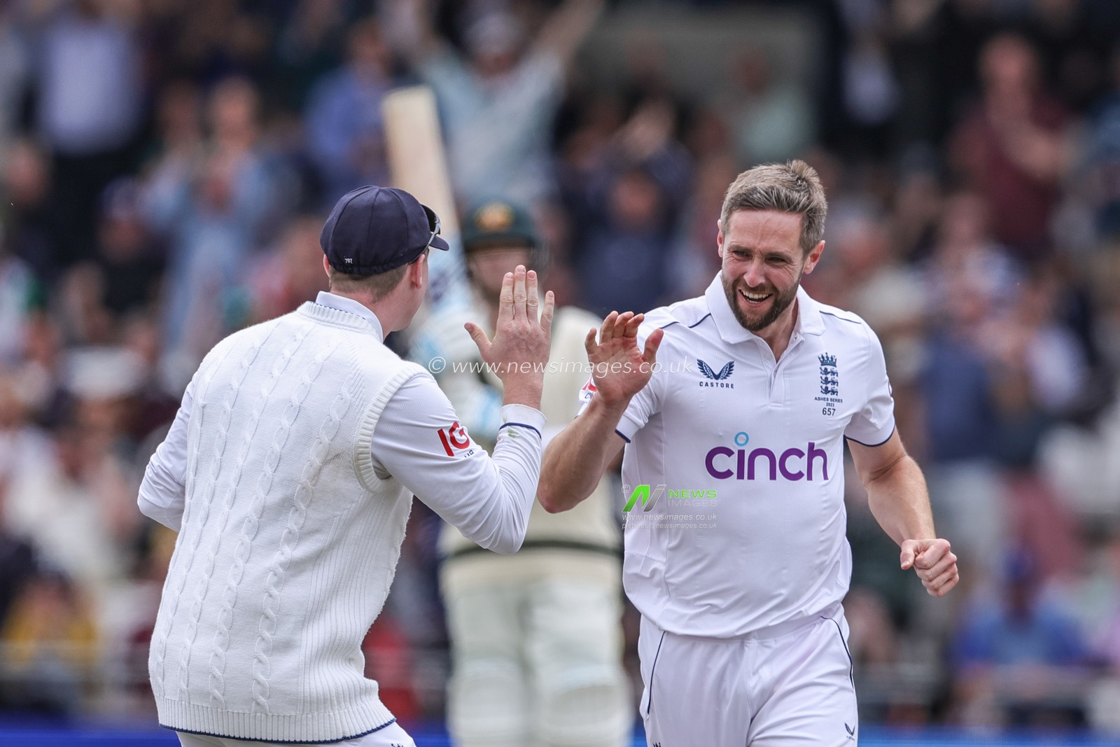 Chris Woakes of England celebrates the wicket of Marnus Labuschagne of Australia during the LV= Insurance Ashes Third Test Series Day 1 England v Australia at Headingley Stadium, Leeds, United Kingdom, 6th July 2023

(Photo by Mark Cosgrove/News Images)