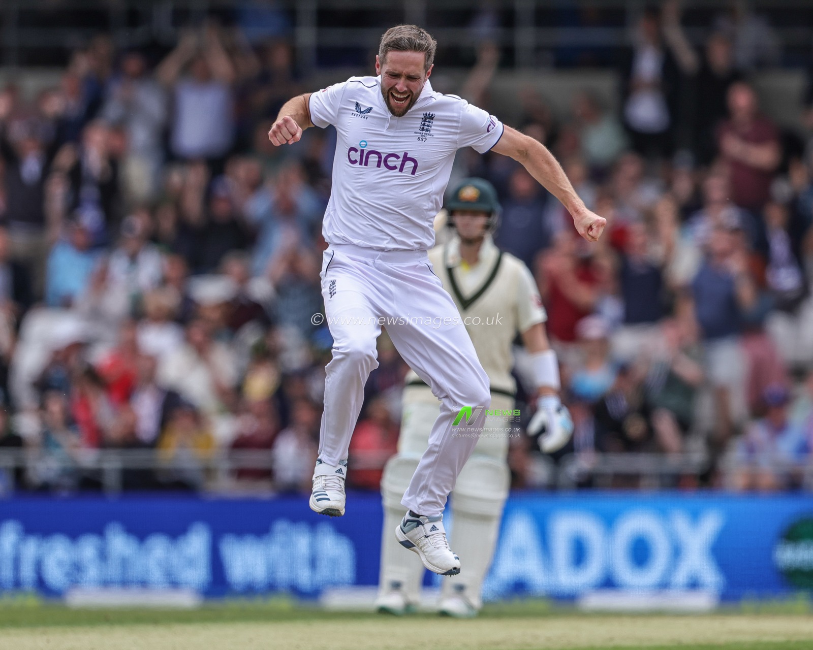 Chris Woakes of England celebrates the wicket of Marnus Labuschagne of Australia during the LV= Insurance Ashes Third Test Series Day 1 England v Australia at Headingley Stadium, Leeds, United Kingdom, 6th July 2023

(Photo by Mark Cosgrove/News Images)